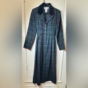 Vintage Jessica Howard Tartan Plaid Velvet Collar Green Black Maxi Dress Size 8